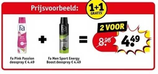 2 Voor 4,49 Fa Pink Passion deospray + Fa Men Sport Energy Boost deospray