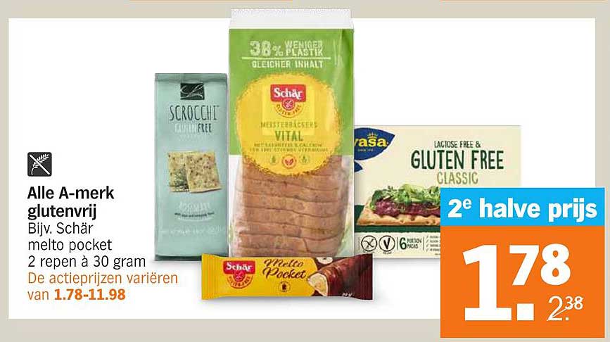 Alle A-merk glutenvrij, Bijv. Schär melto pocket 2 repen à 30 gram