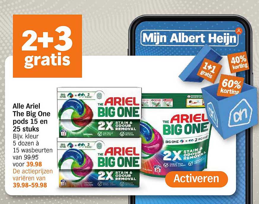 Alle Ariel The Big One pods 15 en 25 stuks bijv. kleur 5 dozen à 15 wasbeurten van 99.95 voor 39.98