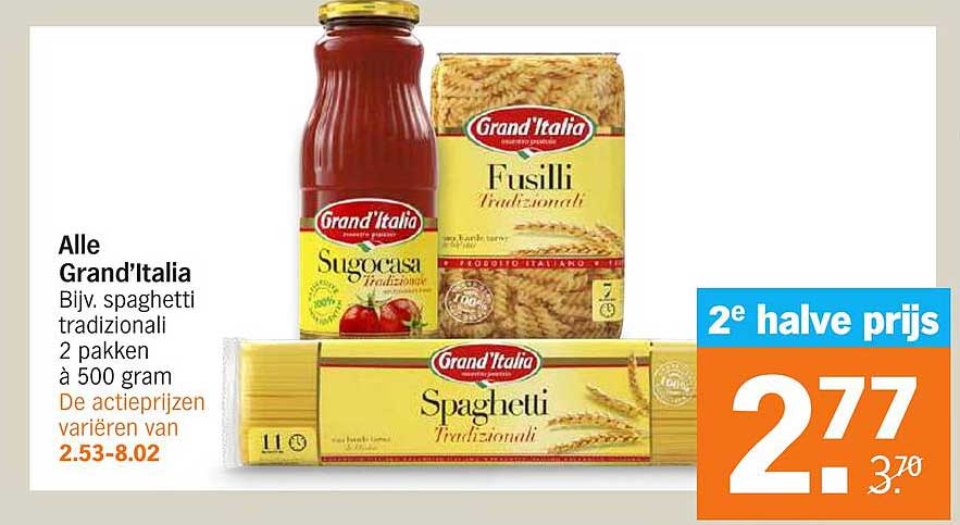 Alle Grand’Italia Bijv. spaghetti tradizionali 2 pakken à 500 gram