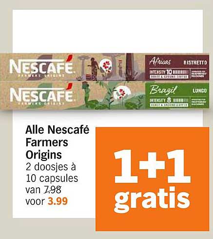 Alle Nescafé Farmers Origins 2 doosjes à 10 capsules van 7.98 voor 3.99