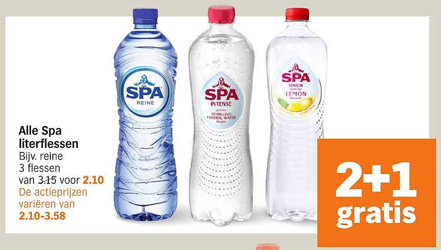 Alle Spa literflessen Bijv. reine 3 flessen van 3.15 voor 2.10 De actieprijzen variëren van 2.10-3.58