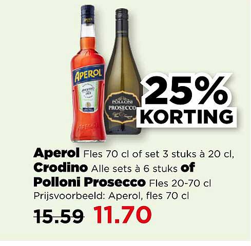 Aperol Fles 70 cl of set 3 stuks à 20 cl, Crodino Alle sets à 6 stuks of Polloni Prosecco Fles 20-70 cl