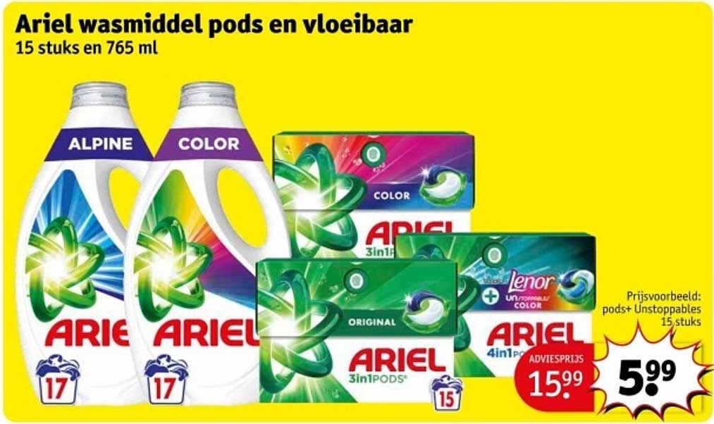 Ariel wasmiddel pods en vloeibaar 15 stuks en 765 ml