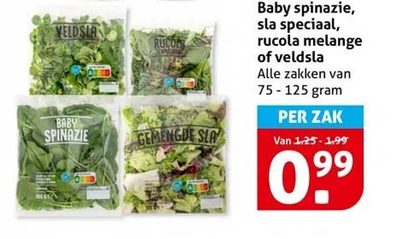 Baby spinazie, sla speciaal, rucola melange of veldsla