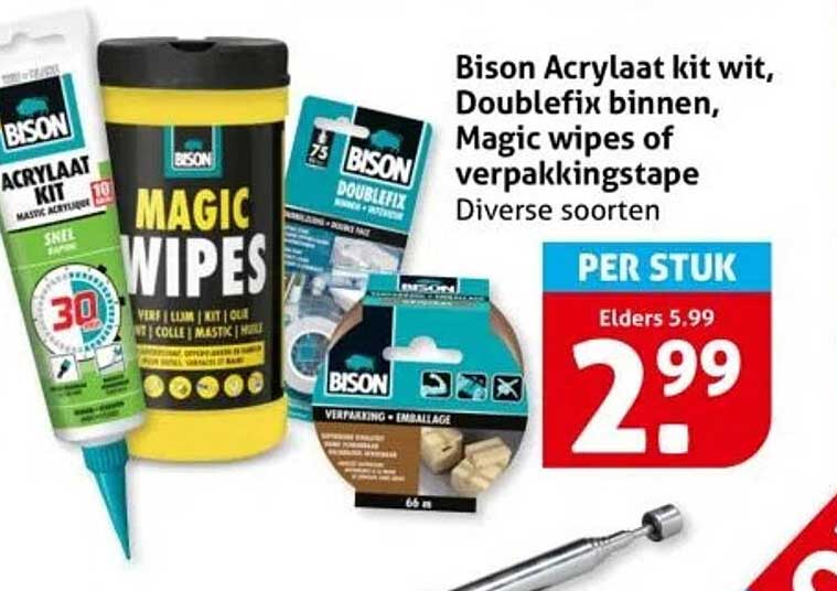 Bison Acrylaat kit wit, Doublefix binnen, Magic wipes of verpakkingstape