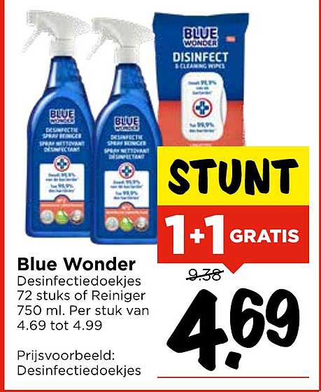 Blue Wonder Desinfectdoekjes 72 stuks van Reiniger 750 ml. Per stuk van 4.69 tot 4.99