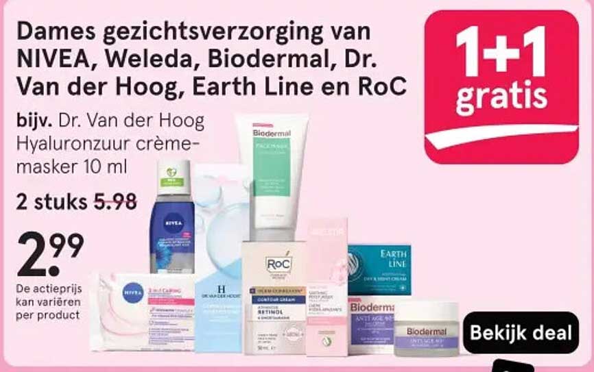 Dames gezichtsverzorging van NIVEA, Weleda, Biodermal, Dr. Van der Hoog, Earth Line en RoC bijv. Dr. Van der Hoog Hyaluronzuur crème-maske 10 ml