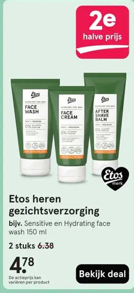 Etos heren gezichtsverzorging bijv. Sensitive en Hydrating face wash 150 ml