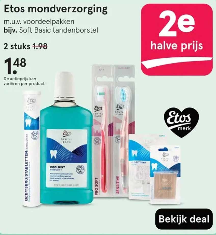 Etos mondverzorging m.u.v. voordeelpakken bijv. Soft Basic tandenborstel