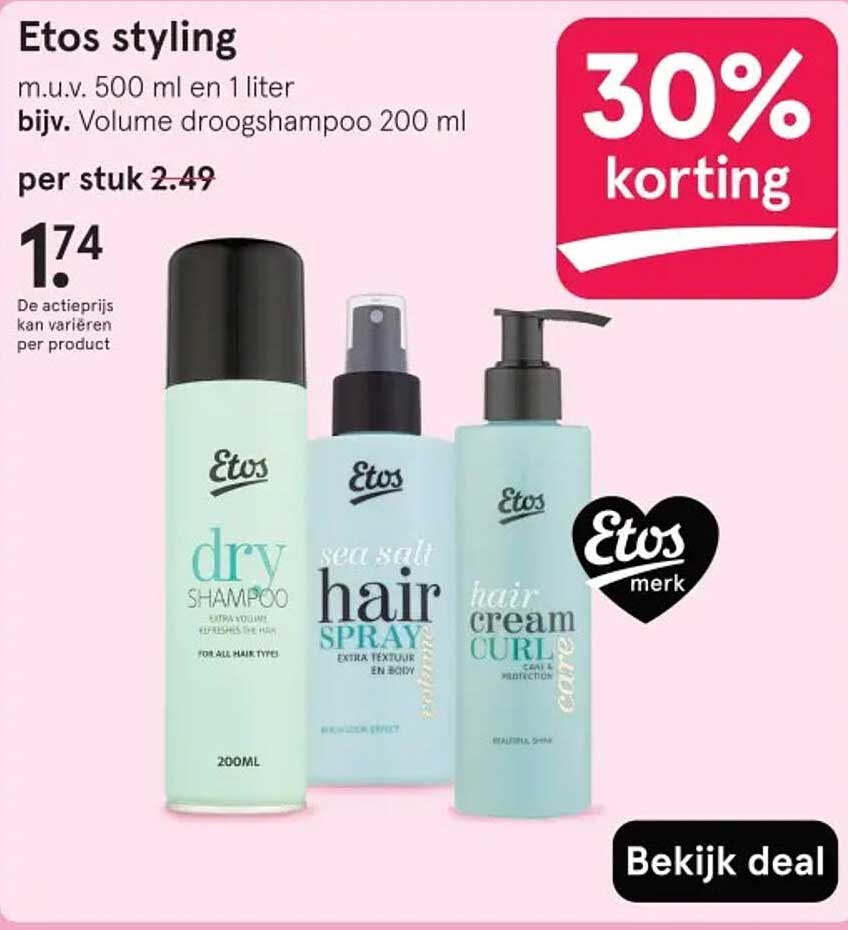 Etos styling m.u.v. 500 ml en 1 liter bijv. Volume droogshampoo 200 ml