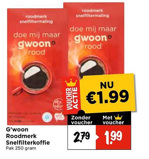 G'woon Roodmerk Snelfilterkoffie Pak 250 gram