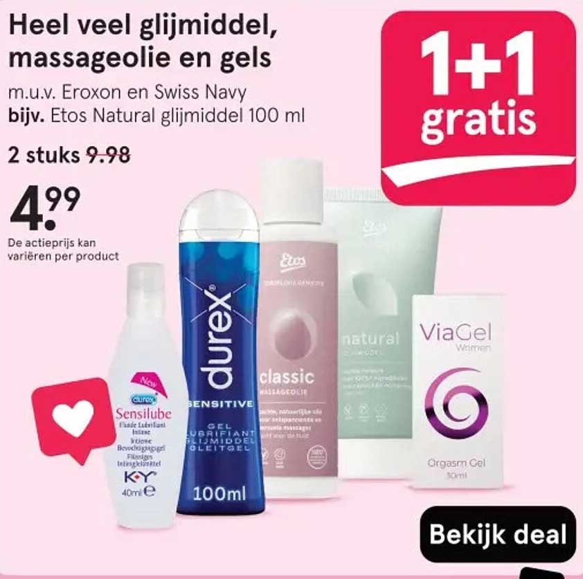 Heel veel glijmiddel, massageolie en gels m.u.v. Eroxon en Swiss Navy bijv. Etos Natural glijmiddel 100 ml