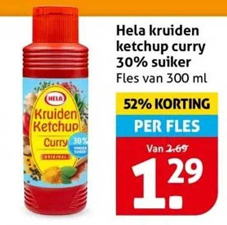 Hela kruiden ketchup curry 30% suiker Fles van 300 ml