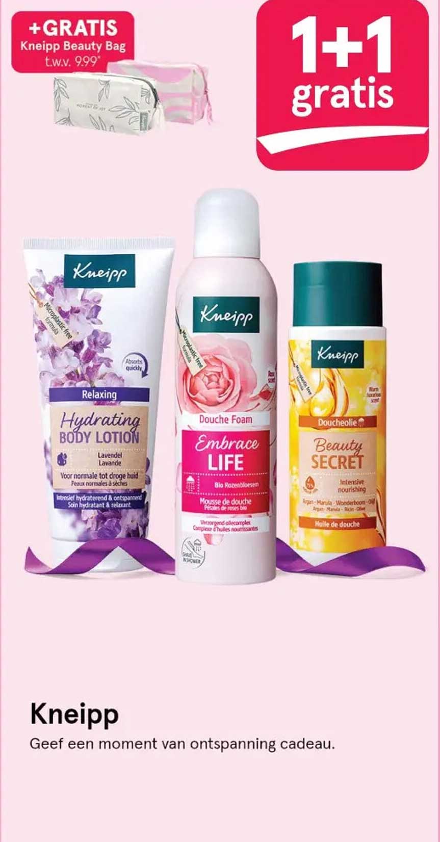 Kneipp 1+1 gratis aanbieding met gratis Kneipp Beauty Bag