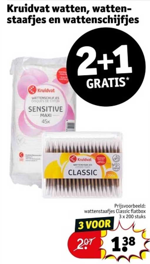Kruidvat watten, wattenstaafjes en wattenschijfjes 2+1 GRATIS