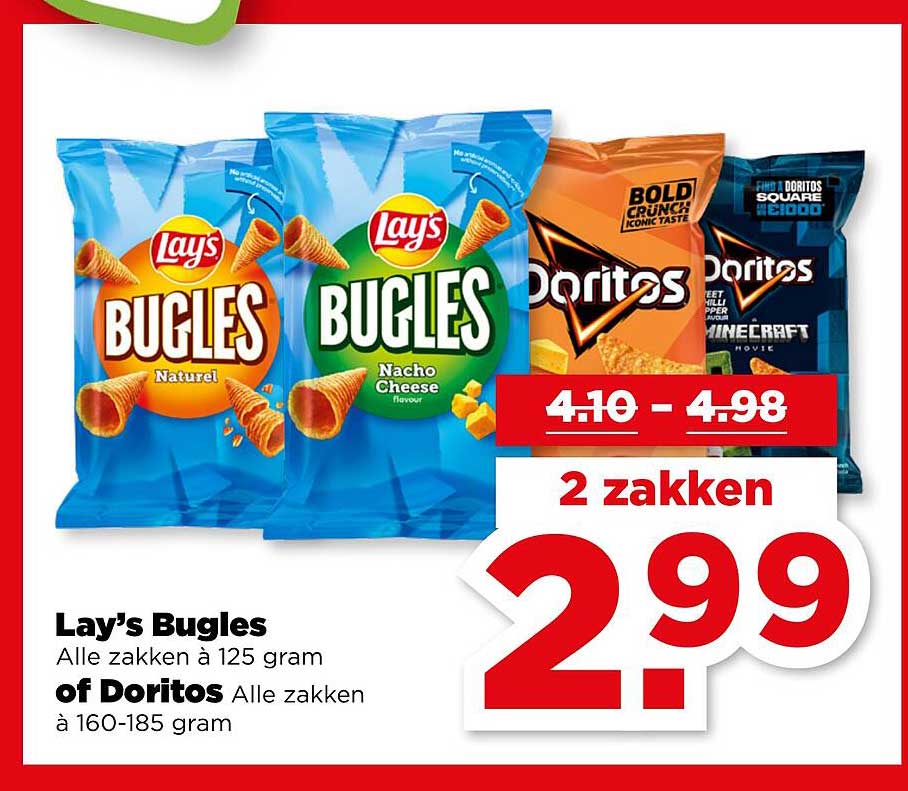 Lay's Bugles Alle zakken à 125 gram of Doritos Alle zakken à 160-185 gram