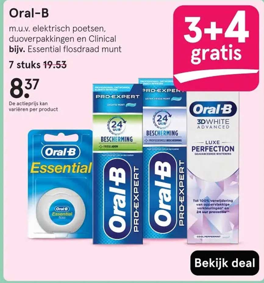 Oral-B m.u.v. elektrisch poetsen, duoverpakkingen en Clinical bijv. Essential flosdraad munt