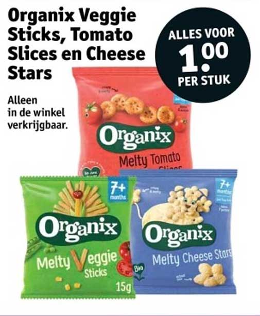 Organix Veggie Sticks, Tomato Slices en Cheese Stars