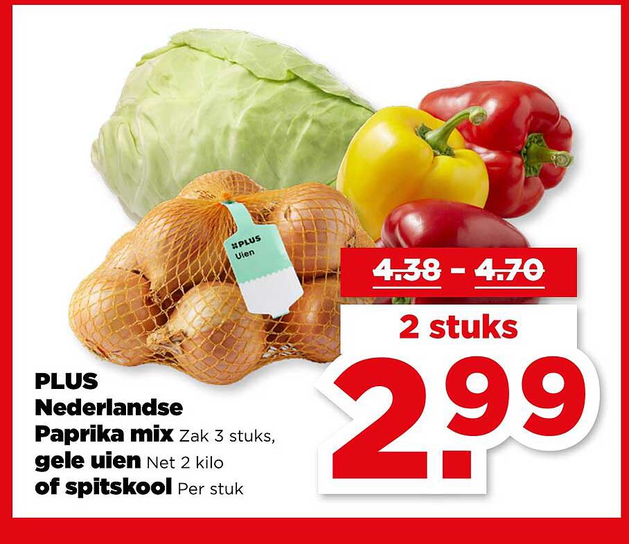 PLUS Nederlandse Paprika mix Zak 3 stuks, gele uien Net 2 kilo of spitskool Per stuk