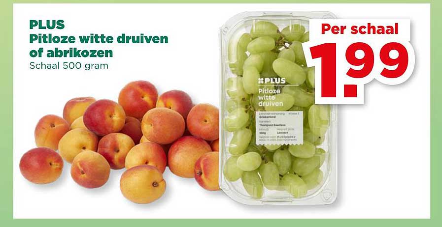 PLUS Pitloze witte druiven of abrikozen Schaal 500 gram