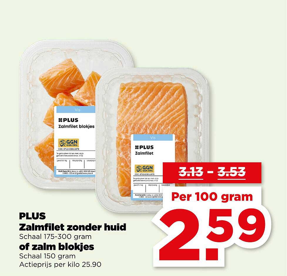 PLUS Zalmfilet zonder huid of zalm blokjes