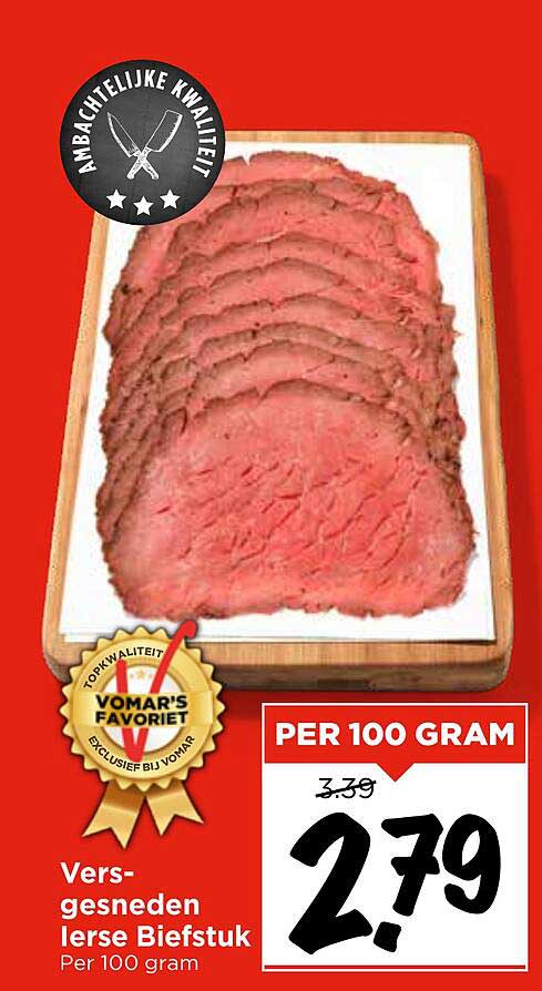 Vers-gesneden Ierse Biefstuk Per 100 gram