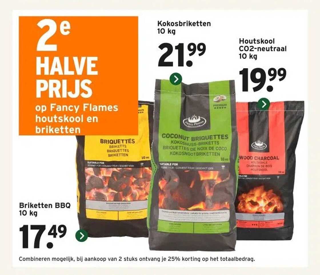 2e HALVE PRIJS op Fancy Flames houtskool en briketten