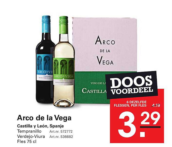 Arco de la Vega Castilla y León, Spanje Tempranillo Verdejo-Viura Fles 75 cl DOOS VOORDEEL 6 DEZELFDE FLESSEN, PER FLES