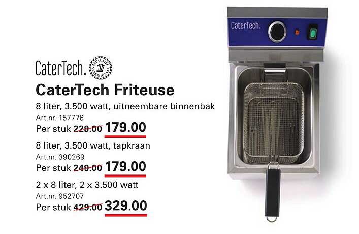 CaterTech Friteuse 8 liter, 3.500 watt, uitneembare binnenbak