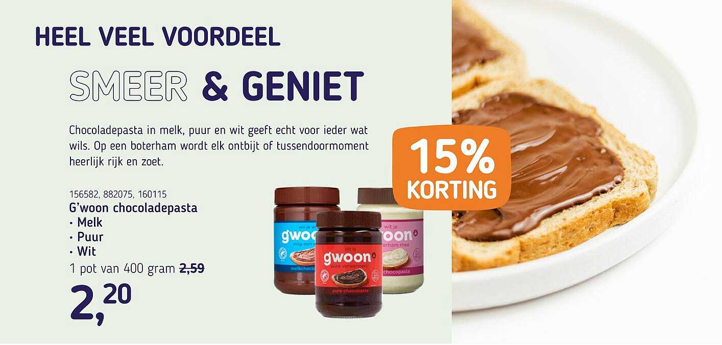 G'woon chocoladepasta - Melk - Puur - Wit 15% korting