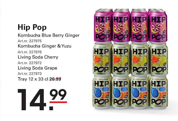 Hip Pop Kombucha Blue Berry Ginger, Kombucha Ginger & Yuzu, Living Soda Cherry, Living Soda Grape