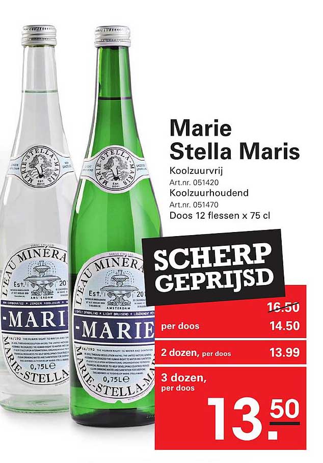 Marie Stella Maris Koolzuurvrij / Koolzuurhoudend Doos 12 flessen x 75 cl SCHERP GEPRIJSD
