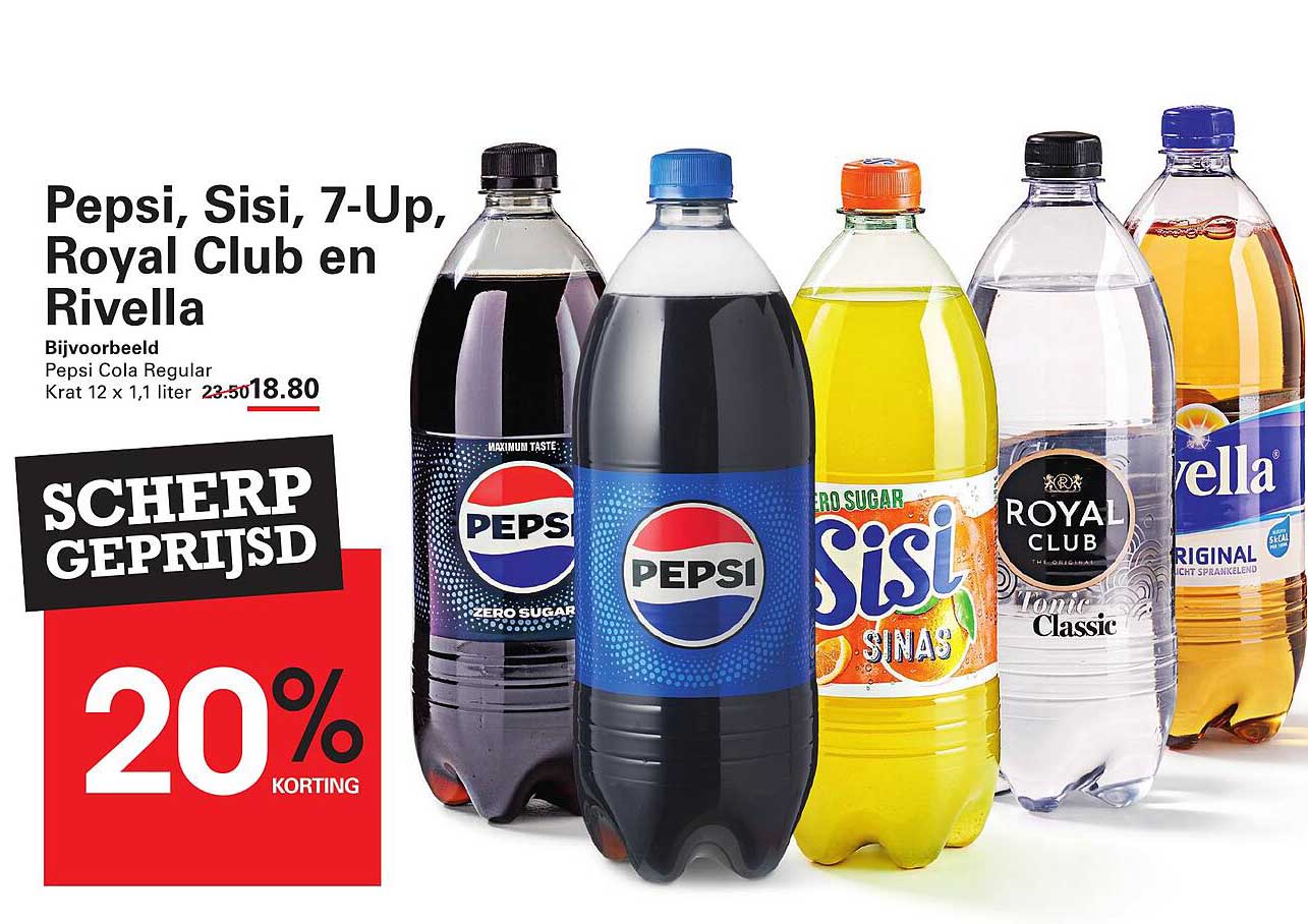 Pepsi, Sisi, 7-Up, Royal Club en Rivella 20% korting
