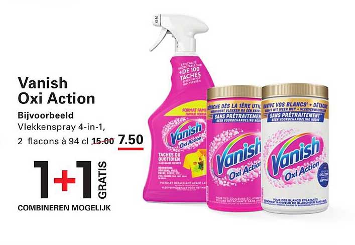 Vanish Oxi Action Bijvoorbeeld Vlekkenspray 4-in-1, 2 flacons a 94 cl 1+1 GRATIS
