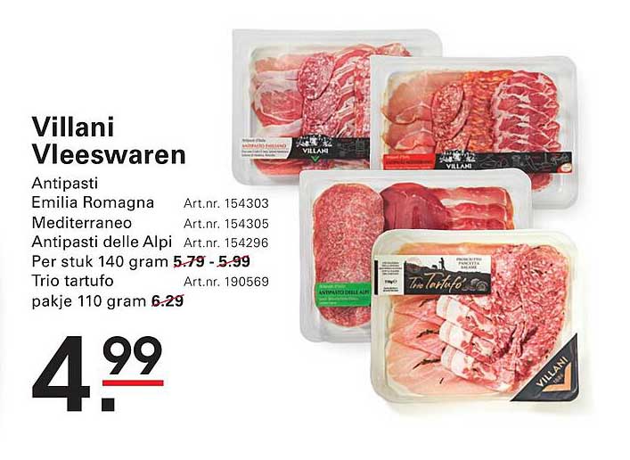 Villani Vleeswaren Antipasti Emilia Romagna Mediterraneo Antipasti delle Alpi Per stuk 140 gram Trio tartufo pakje 110 gram
