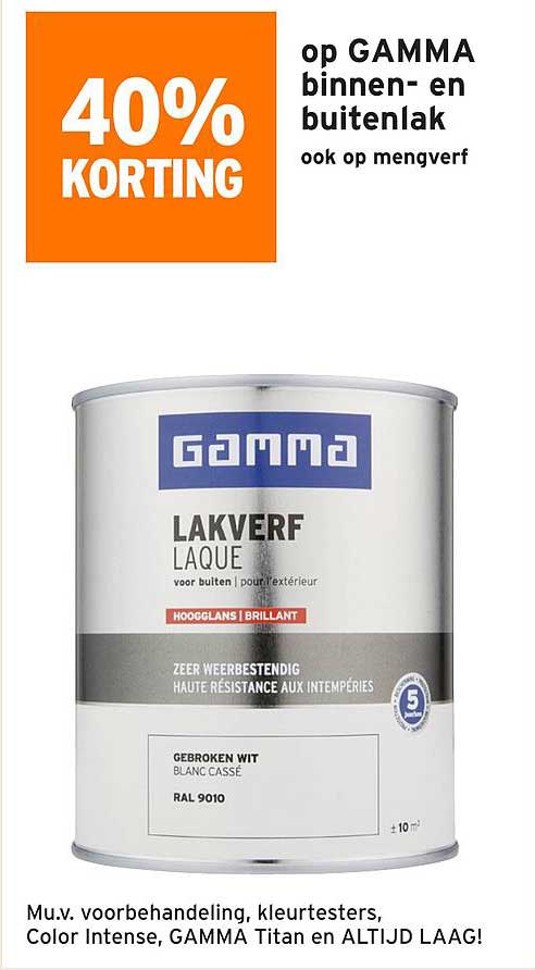 40% KORTING op GAMMA binnen- en buitenlak ook op mengverf