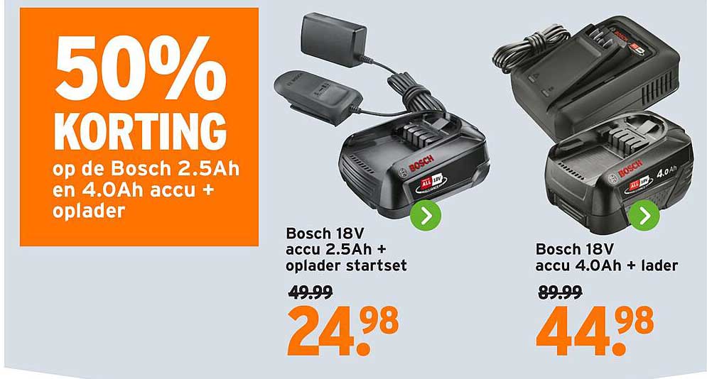 50% KORTING op de Bosch 2.5Ah en 4.0Ah accu + oplader