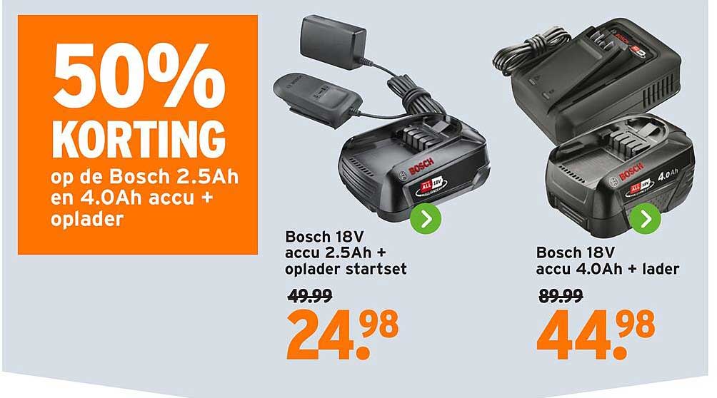 50% KORTING op de Bosch 2.5Ah en 4.0Ah accu + oplader