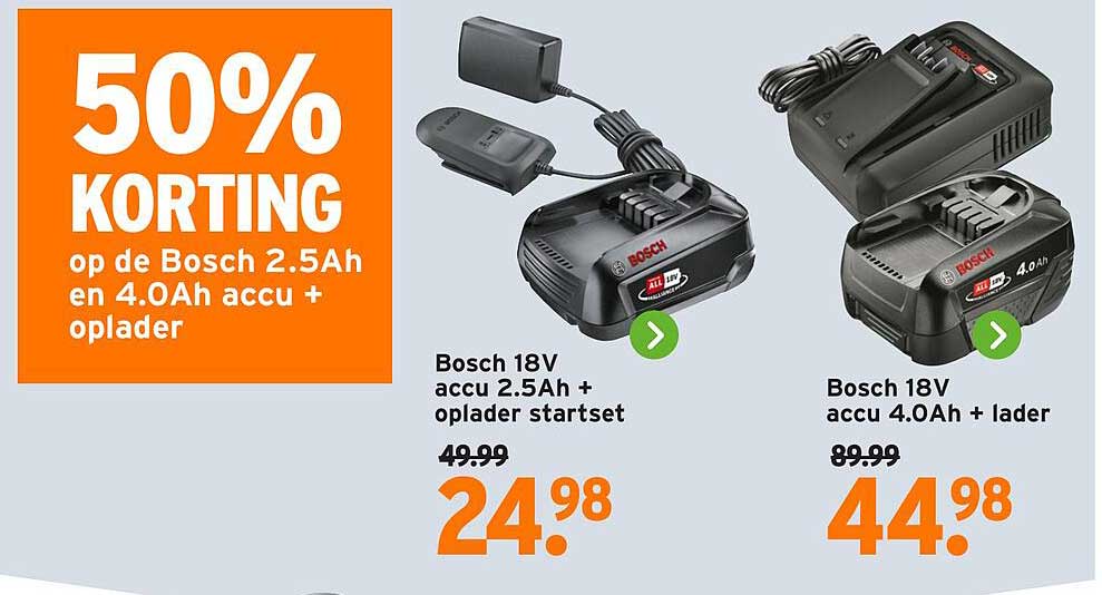 50% KORTING op de Bosch 2.5Ah en 4.0Ah accu + oplader