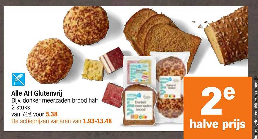 Alle AH Glutenvrij Bijv. donker meerzaden brood half 2 stuks van 7.18 voor 5.38