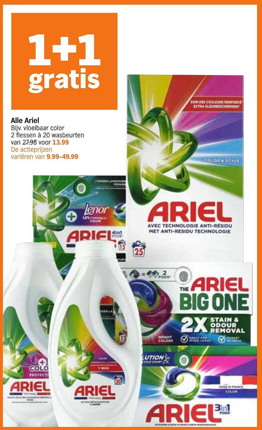 Alle Ariel Bijv. vloeibaar color 2 flessen à 20 wasbeurten van 27.98 voor 13.99