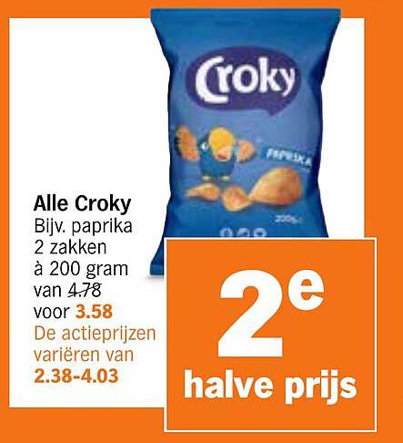 Alle Croky Bijv. paprika 2 zakken à 200 gram van 4.78 voor 3.58