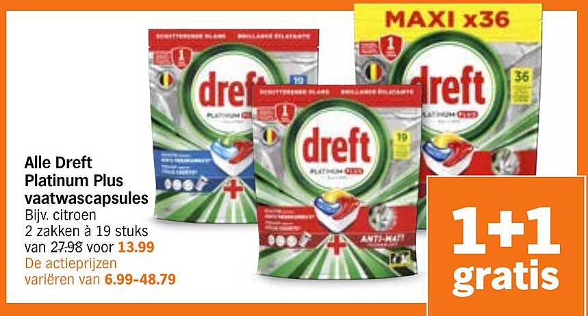 Alle Dreft Platinum Plus vaatwascapsules Bijv. citroen 2 zakken à 19 stuks van 27,98 voor 13,99