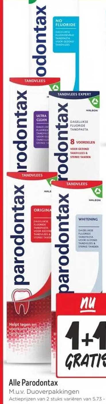 Alle Parodontax M.u.v. Duoverpakkingen Activprijzen van 2 stuks variëren van 5,73