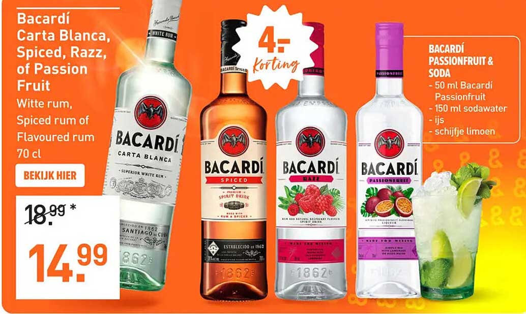 Bacardí Carta Blanca, Spiced, Razz, of Passion Fruit