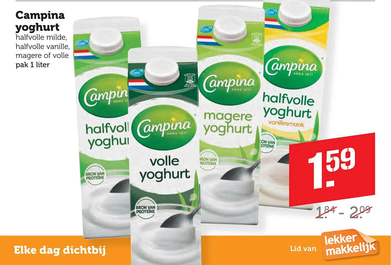 Campina yoghurt halfvolle milde, halfvolle vanille, magere of volle pak 1 liter