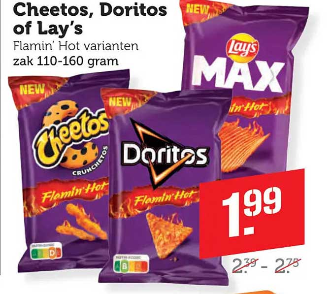 Cheetos, Doritos of Lay’s Flamin’ Hot varianten zak 110-160 gram