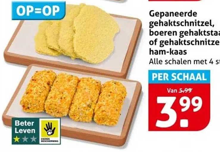 Gepaneerde gehaktschnitzel, boeren gehaktstaaf of gehaktschnitzel ham-kaas