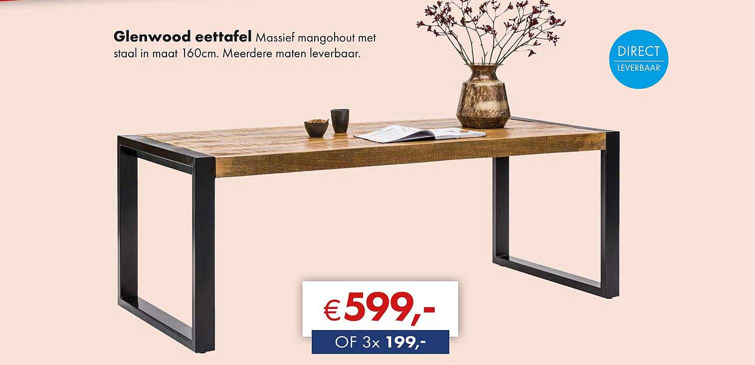 Glenwood eettafel Staal in maat 160cm. Meerderen maten leverbaar.